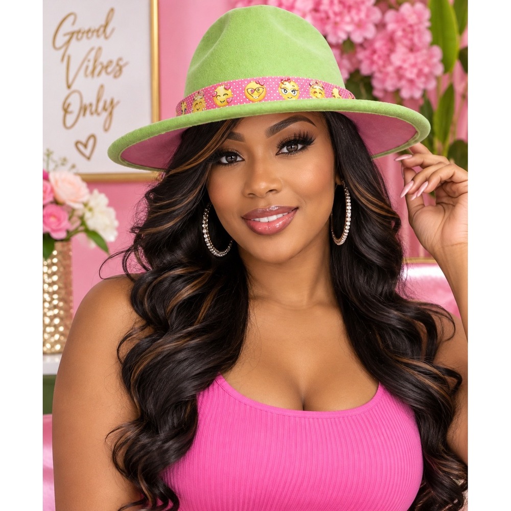 Fedora Hat Green Outside & Hot Pink Inside with‎ Pink Emoji Headband